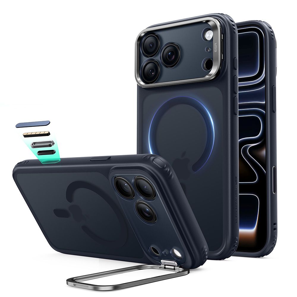 ESR Classic Hybrid-etui med støttefot og MagSafe-funksjon til iPhone 18 Pro / 17 Pro – marineblå