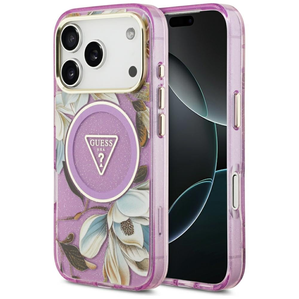 Guess IML Glitter Flowers Triangle MagSafe-etui til iPhone 17 Pro / 18 Pro – Lilla