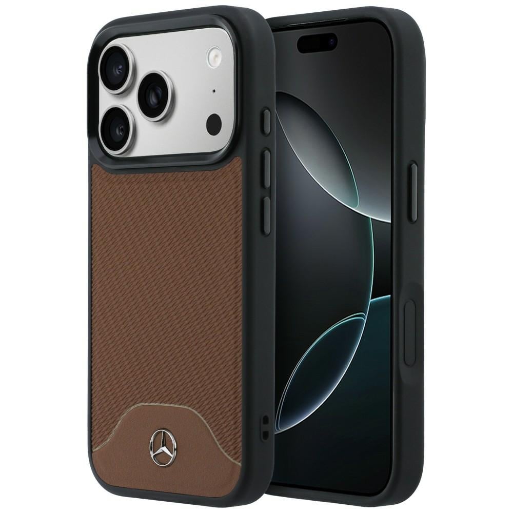 Mercedes-etui i skinn med treimitasjon og Curve MagSafe til iPhone 17 Pro – brunt