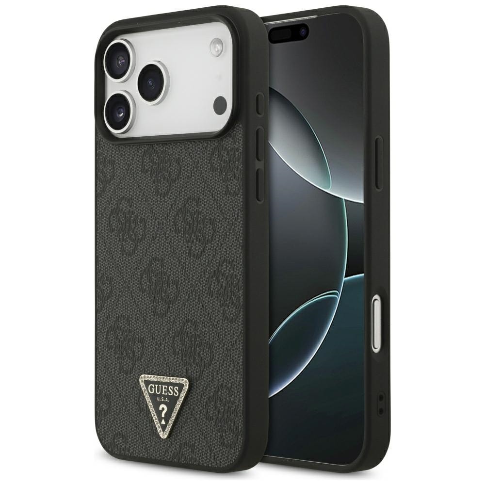 Guess Leather 4G Triangle Strass MagSafe-etui til iPhone 17 Pro Max / 18 Pro Max – svart