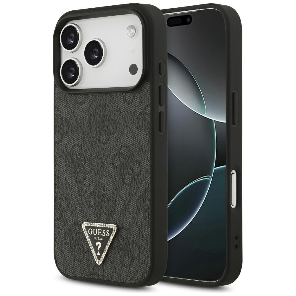 Guess Leather 4G Triangle Strass MagSafe-etui til iPhone 18 Pro / 17 Pro – svart