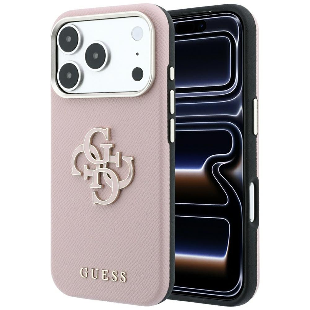 Guess-etui m/strukturert overflate og stort harpiks-logoemblem til iPhone 18 Pro/17 Pro – rosa