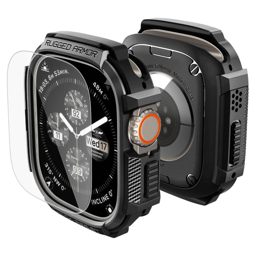 Spigen Rugged Armor-etui + 9H herdet glass til Apple Watch Ultra 49 mm – matt svart