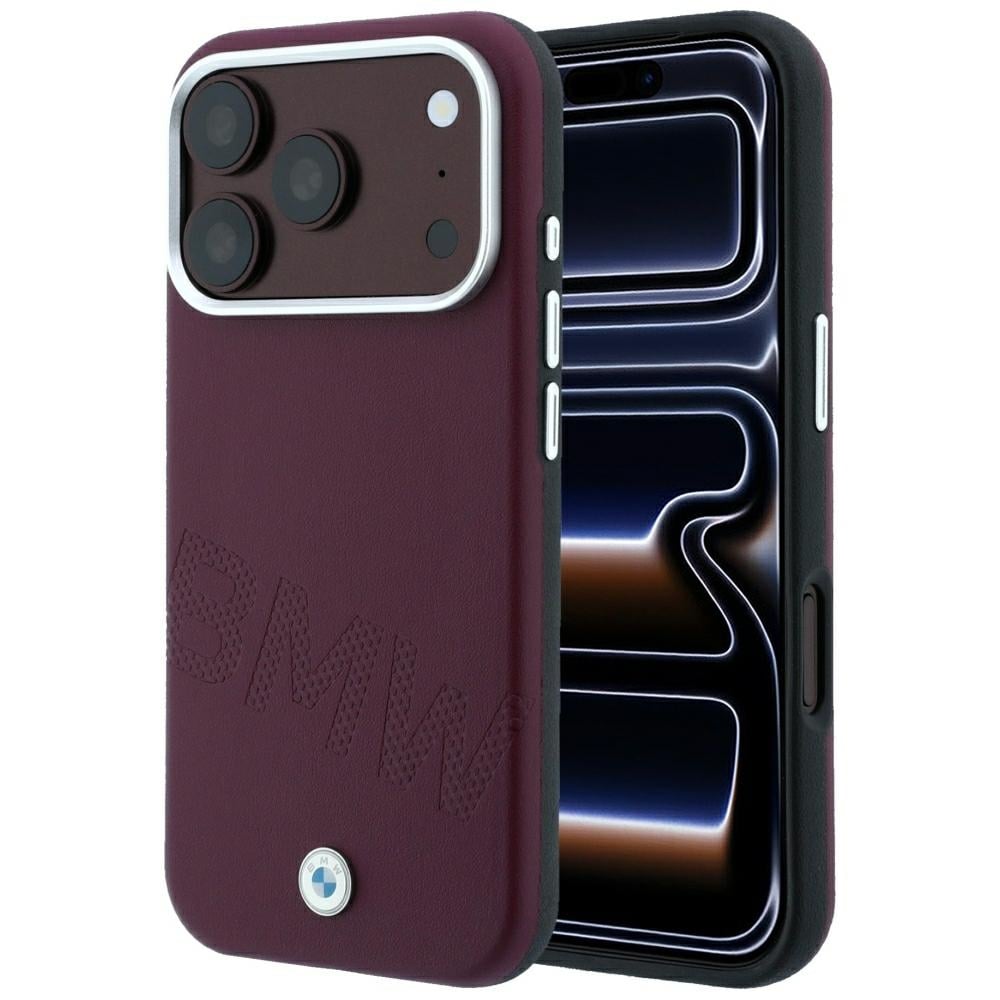BMW-logo med skråstilt, innpreget skrift – MagSafe-etui iPhone 17/18 Pro Max – burgunder