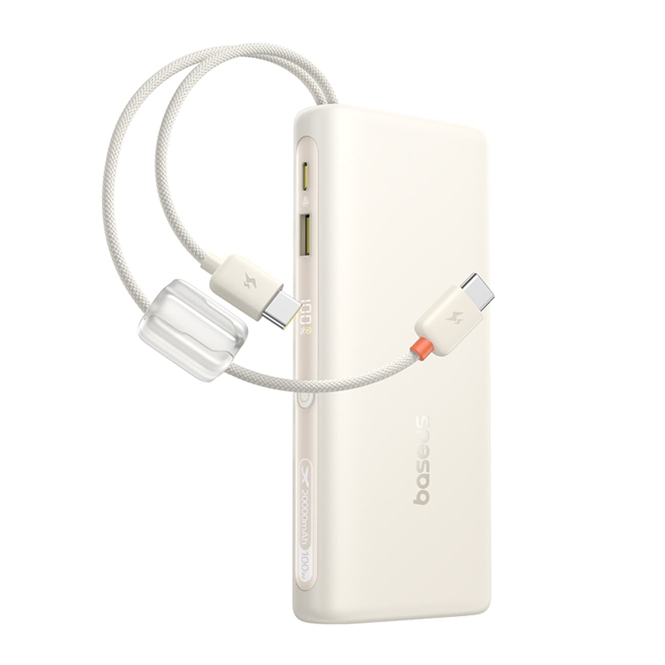 Baseus EnerFill FC41 20000mAh 100W powerbank m/digitalt display og 2 innebygde USB-C-kabler – beige