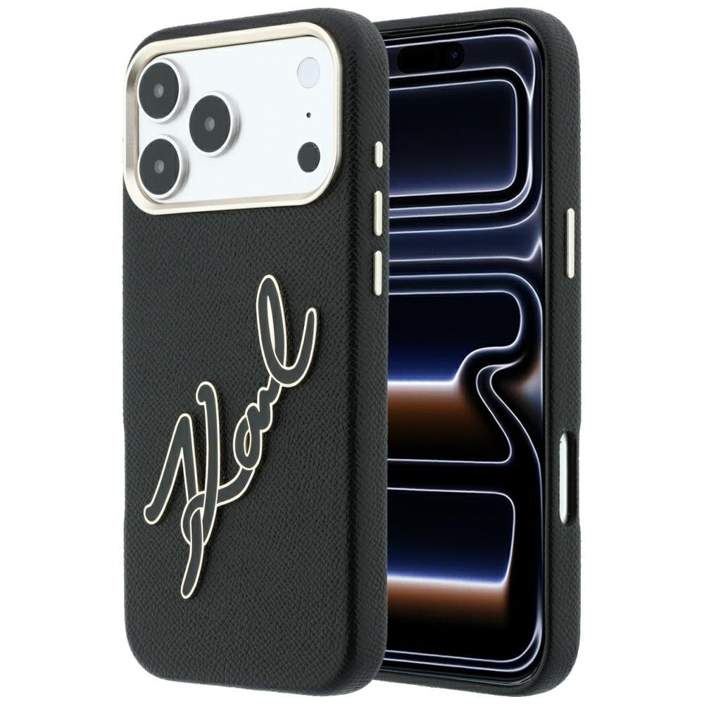 Karl Lagerfeld glatt stort harpiks-etui m/signaturlogo til iPhone 18/17 Pro Max – svart