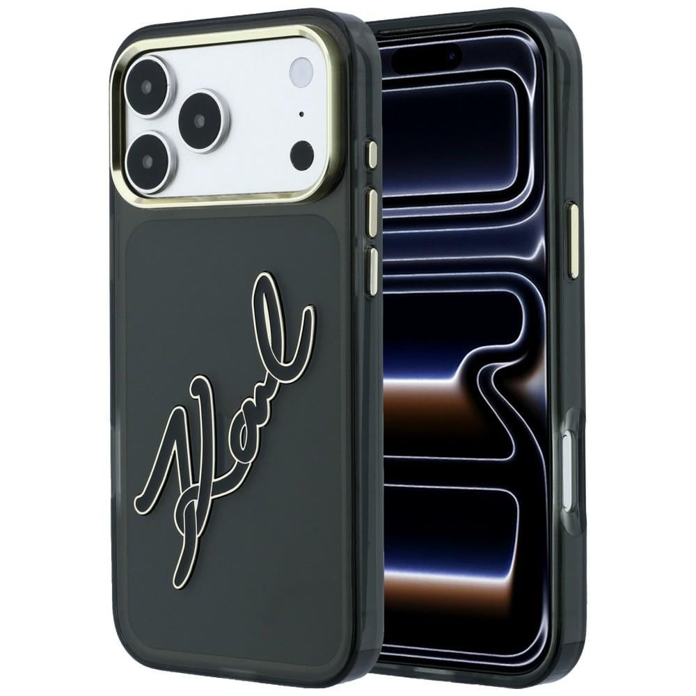 Karl Lagerfeld IML Big Signature-etui i resin og metallramme til iPhone 18 Pro / 17 Pro – svart