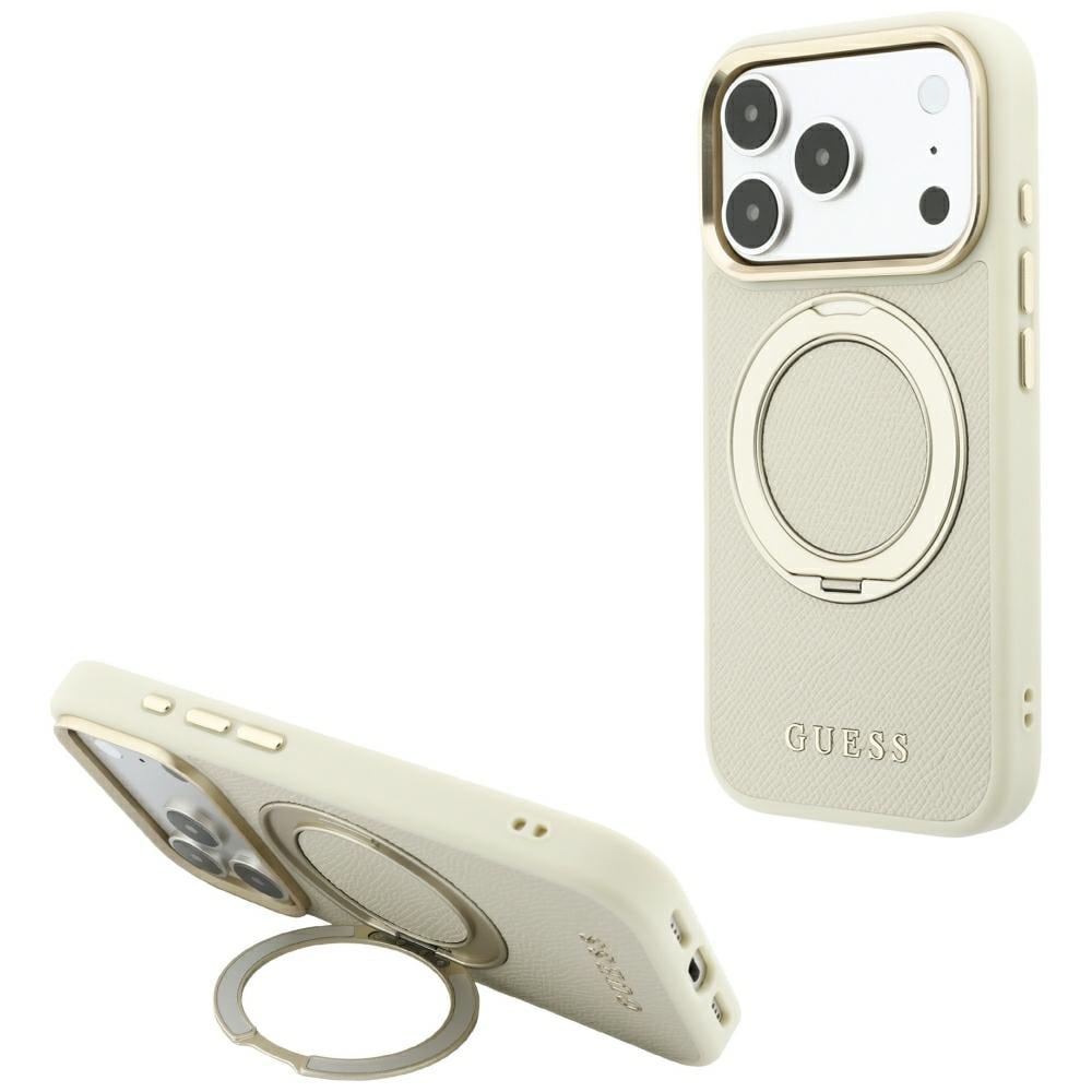 Guess Ring Stand 360 MagSafe-etui m/strukturert overflate og Classic-logo iPhone 18/17 Pro – beige