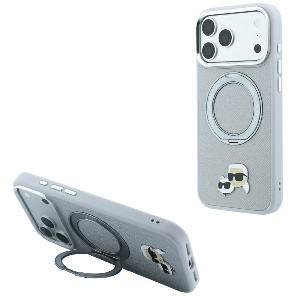 Karl Lagerfeld ringstativ 360, Karl & Choupette-hoder, MagSafe-etui til iPhone 18/17 Pro – grå