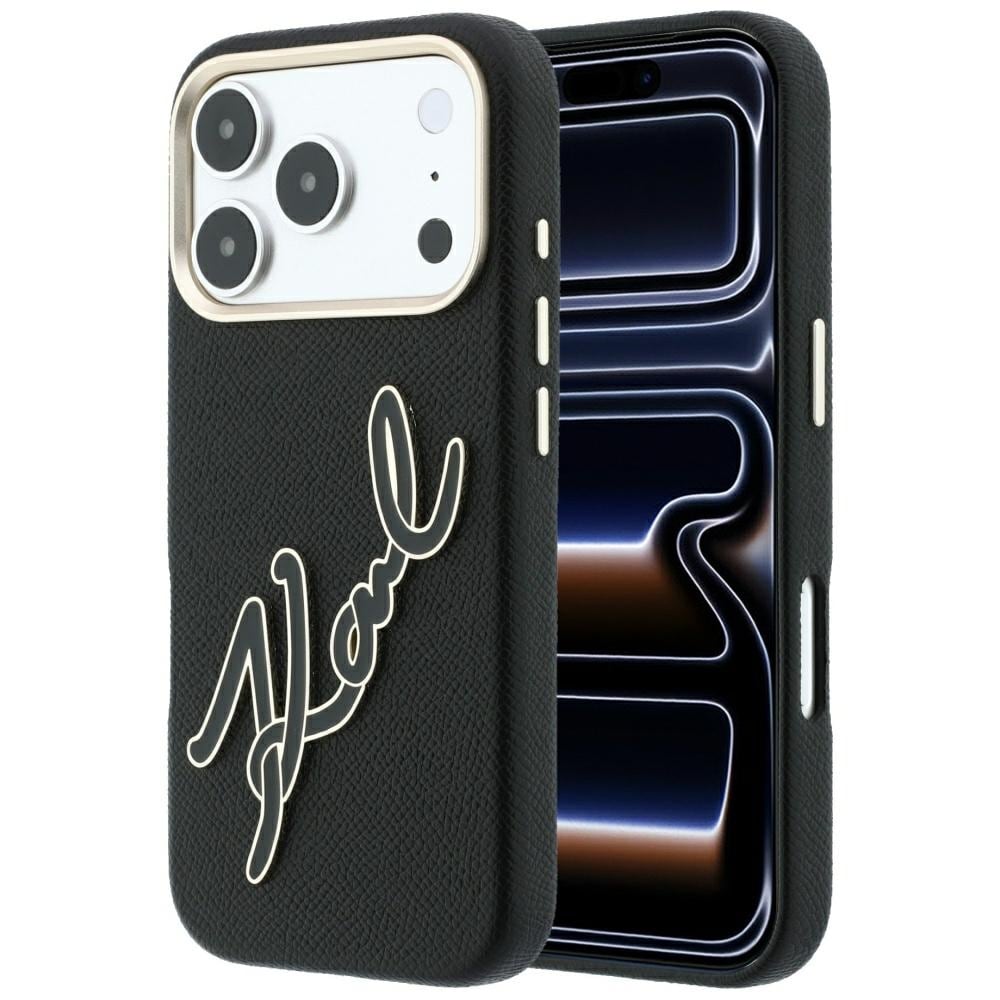 Karl Lagerfeld glatt, stort etui i harpiks med signaturlogo til iPhone 18 Pro / 17 Pro – svart
