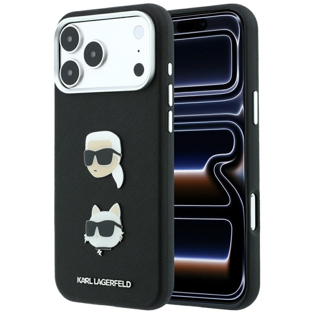 Karl Lagerfeld Saffiano-etui m/pins av Karl & Choupette + logo for iPhone 18/17 Pro Max – svart