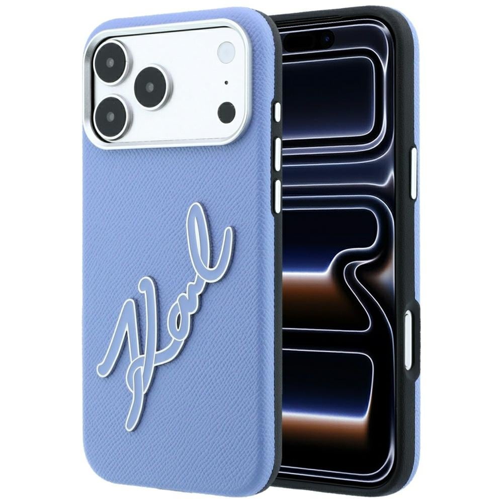 Karl Lagerfeld glatt, stort etui i harpiks med signaturlogo til iPhone 18 Pro / 17 Pro – blå
