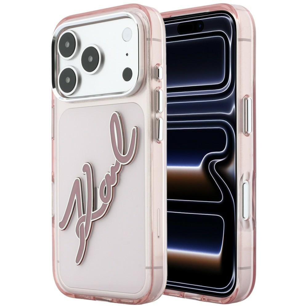Karl Lagerfeld IML Big Signature-etui i resin m/metallramme til iPhone 18/17 Pro Max – rosa