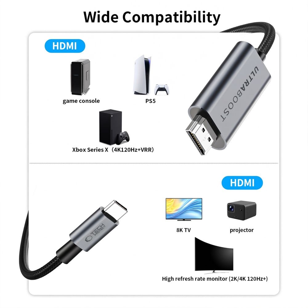 Tech-Protect UltraBoost USB-C HDMI 2.1 60 Hz videokabel 300 cm – grå