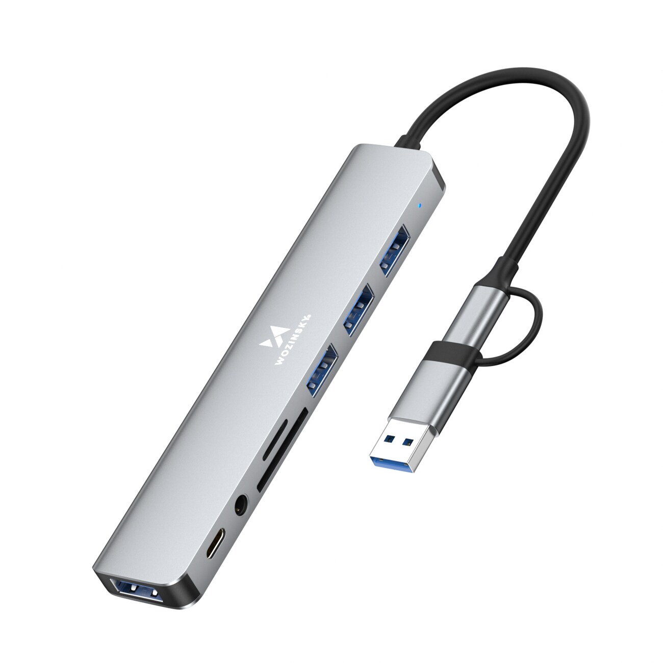 Wozinsky WAH-81 8-i-1 USB-hub med USB 3.0 SD-kortleser og lydutgang – grå