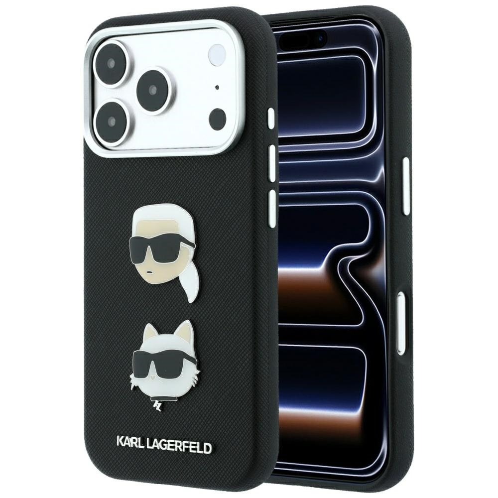 Karl Lagerfeld Saffiano-etui m/pins av Karl & Choupette + logo for iPhone 18 Pro/17 Pro – svart