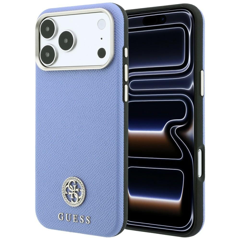 Guess MagSafe-etui med strukturert overflate, rund strass-logo for iPhone 18 Pro / 17 Pro – Blå