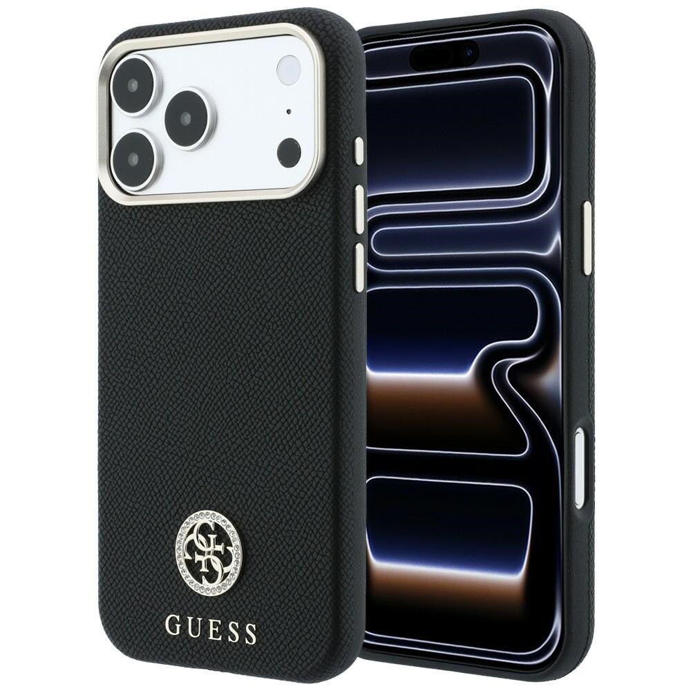 Guess MagSafe-etui med strukturert overflate, rund strass-logo for iPhone 18 Pro / 17 Pro – svart