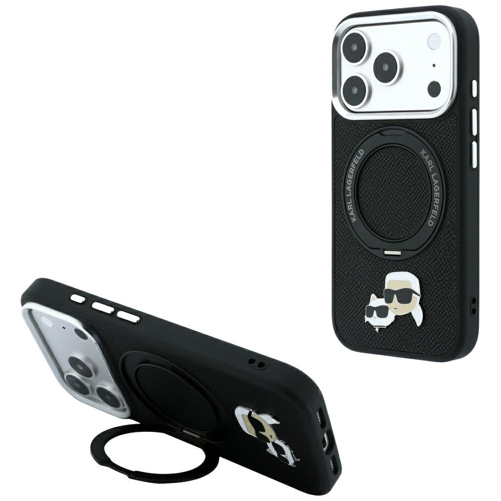 Karl Lagerfeld ringstativ 360 Karl & Choupette-hoder, MagSafe Pin-etui iPhone 18 Pro/17 Pro – svart