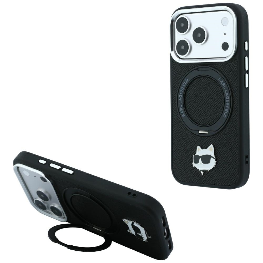 Karl Lagerfeld ringstativ, 360° Choupette-hodepinne & MagSafe-etui iPhone 18/17 Pro – svart