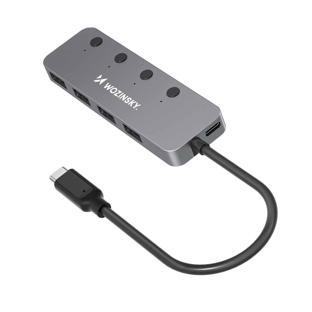 Wozinsky WHS080YSS 4 x USB-A 3.0-hub i aluminium med individuelle brytere og 15 cm USB-C-kabel – grå