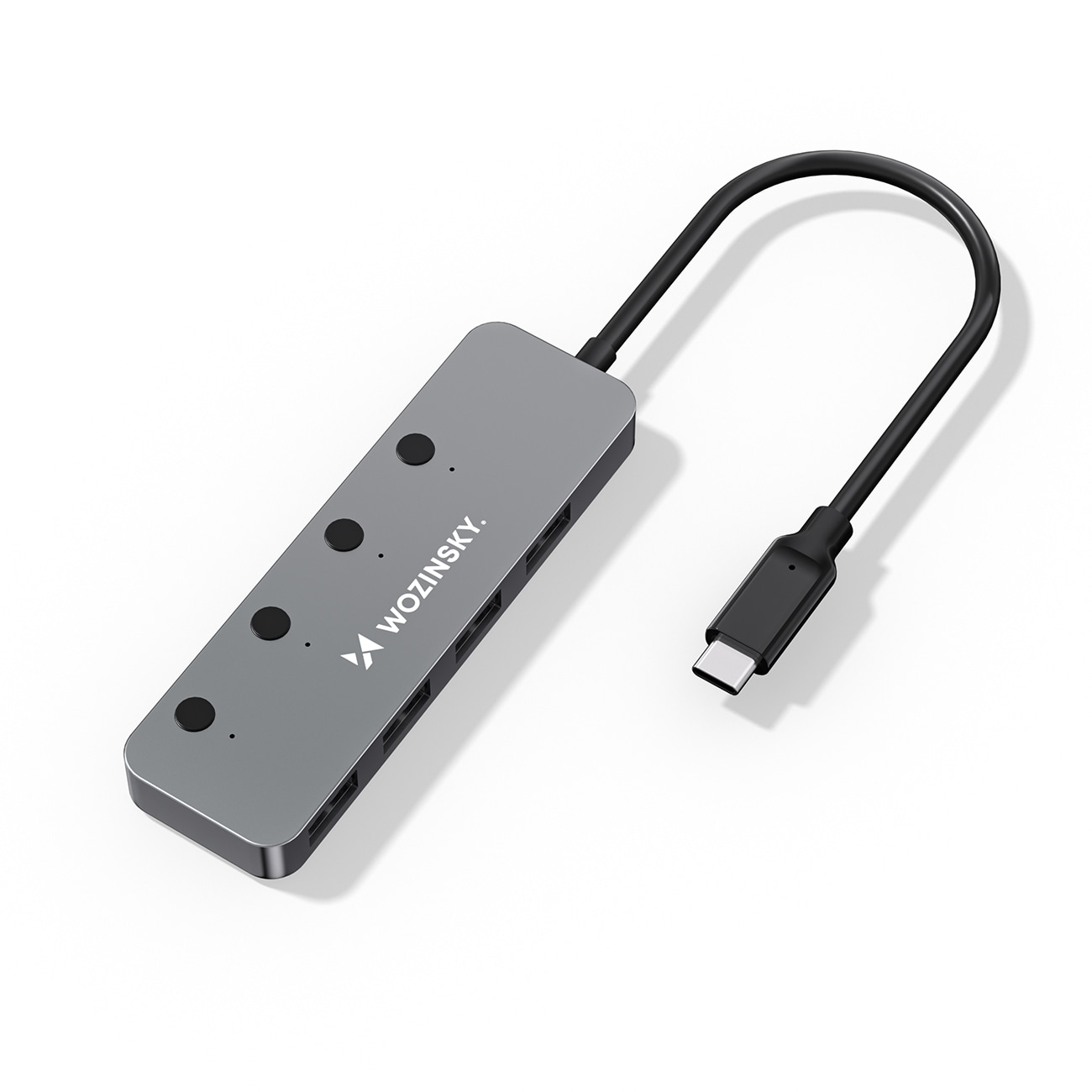 Wozinsky WHS080YSS 4 x USB-A 3.0-hub i aluminium med individuelle brytere og 15 cm USB-C-kabel – grå