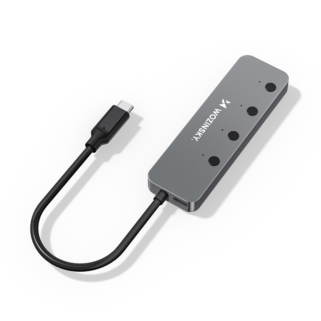 Wozinsky WHS080YSS 4 x USB-A 3.0-hub i aluminium med individuelle brytere og 15 cm USB-C-kabel – grå
