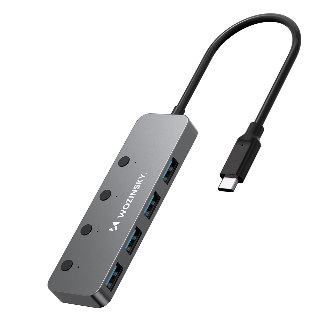 Wozinsky WHS080YSS 4 x USB-A 3.0-hub i aluminium med individuelle brytere og 15 cm USB-C-kabel – grå