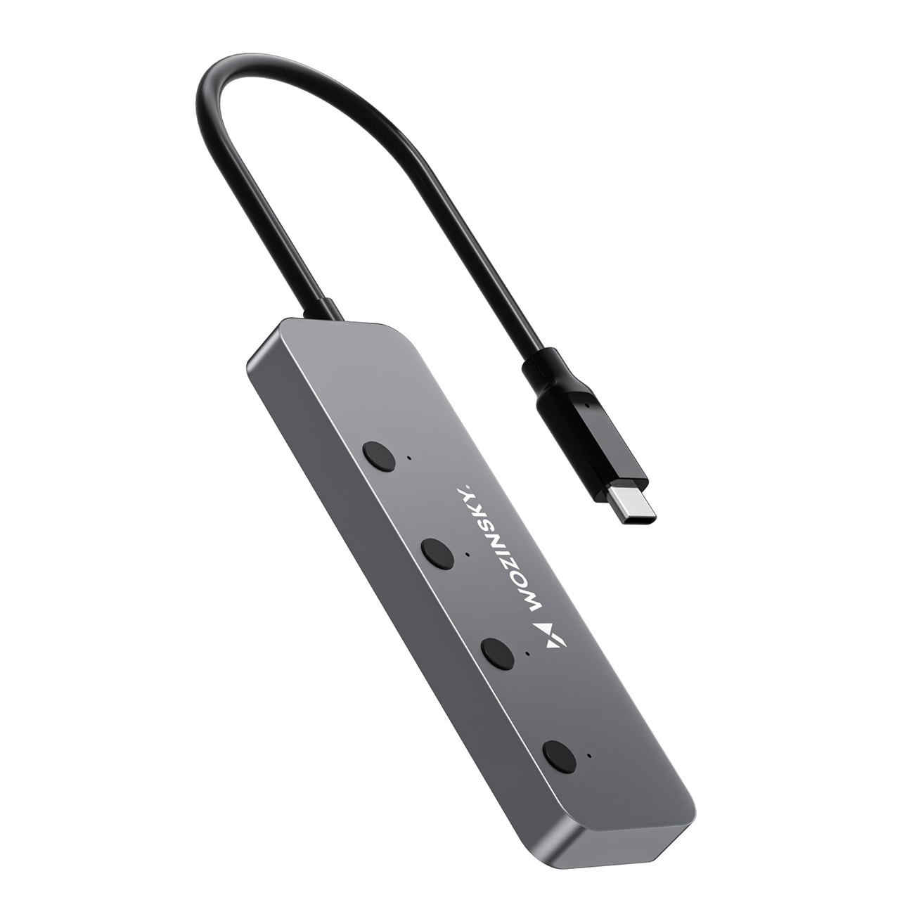 Wozinsky WHS080YSS 4 x USB-A 3.0-hub i aluminium med individuelle brytere og 15 cm USB-C-kabel – grå