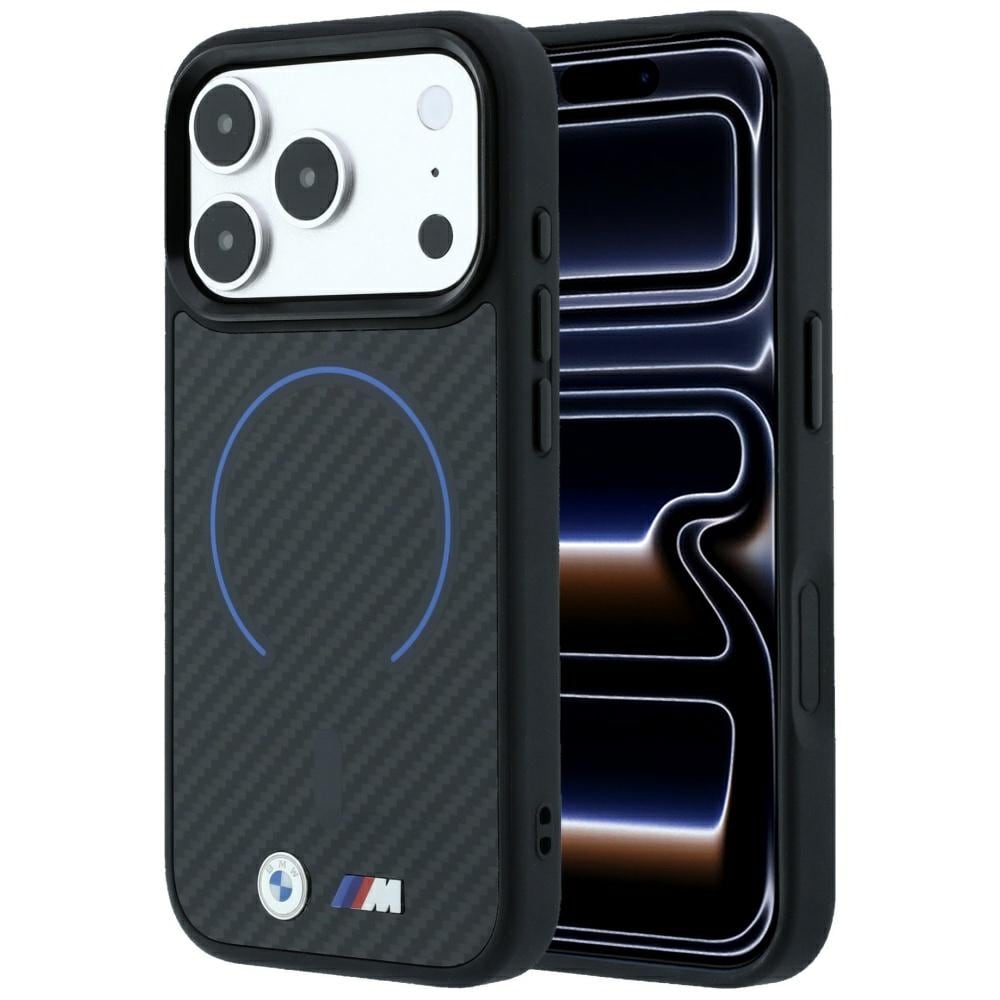 BMW M Kevlar Blue Print Ring Metal Logo MagSafe-etui til iPhone 18 Pro Max / 17 Pro Max – svart
