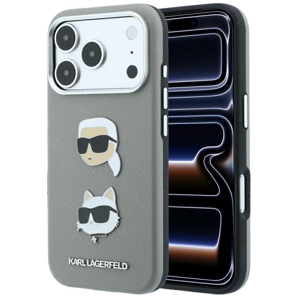 Karl Lagerfeld Saffiano-etui med pins (Karl & Choupette) + logo til iPhone 18/17 Pro – grå