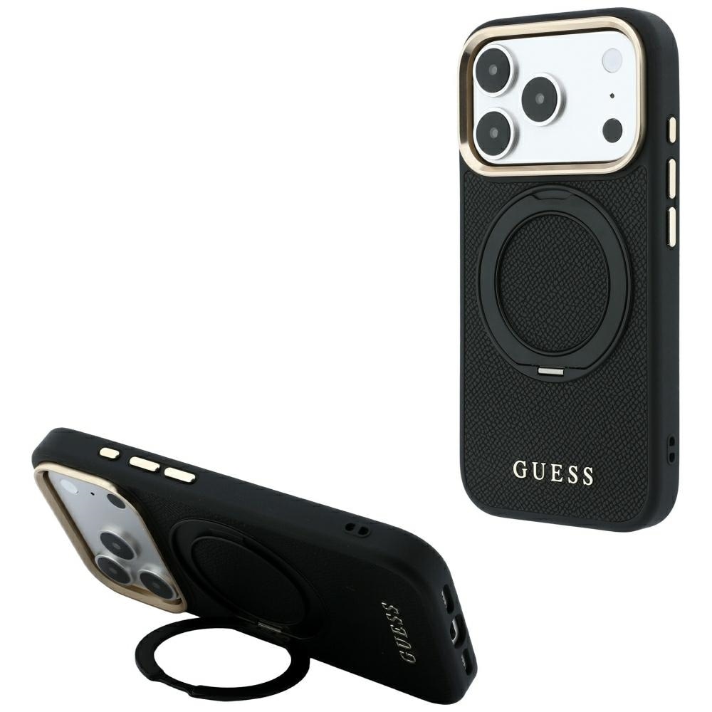 Guess Ring Stand 360 Grained Classic Logo MagSafe-etui til iPhone 18 Pro Max / 17 Pro Max – svart