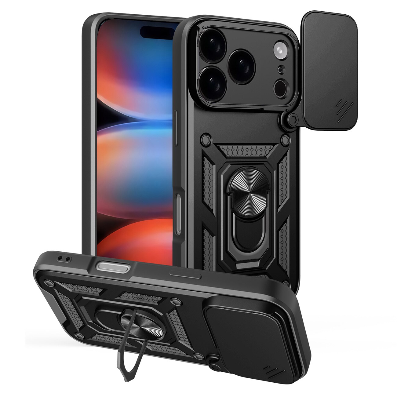 Hybrid Armor Camshield-etui til iPhone 17 Pro med stativ og kameradeksel – svart
