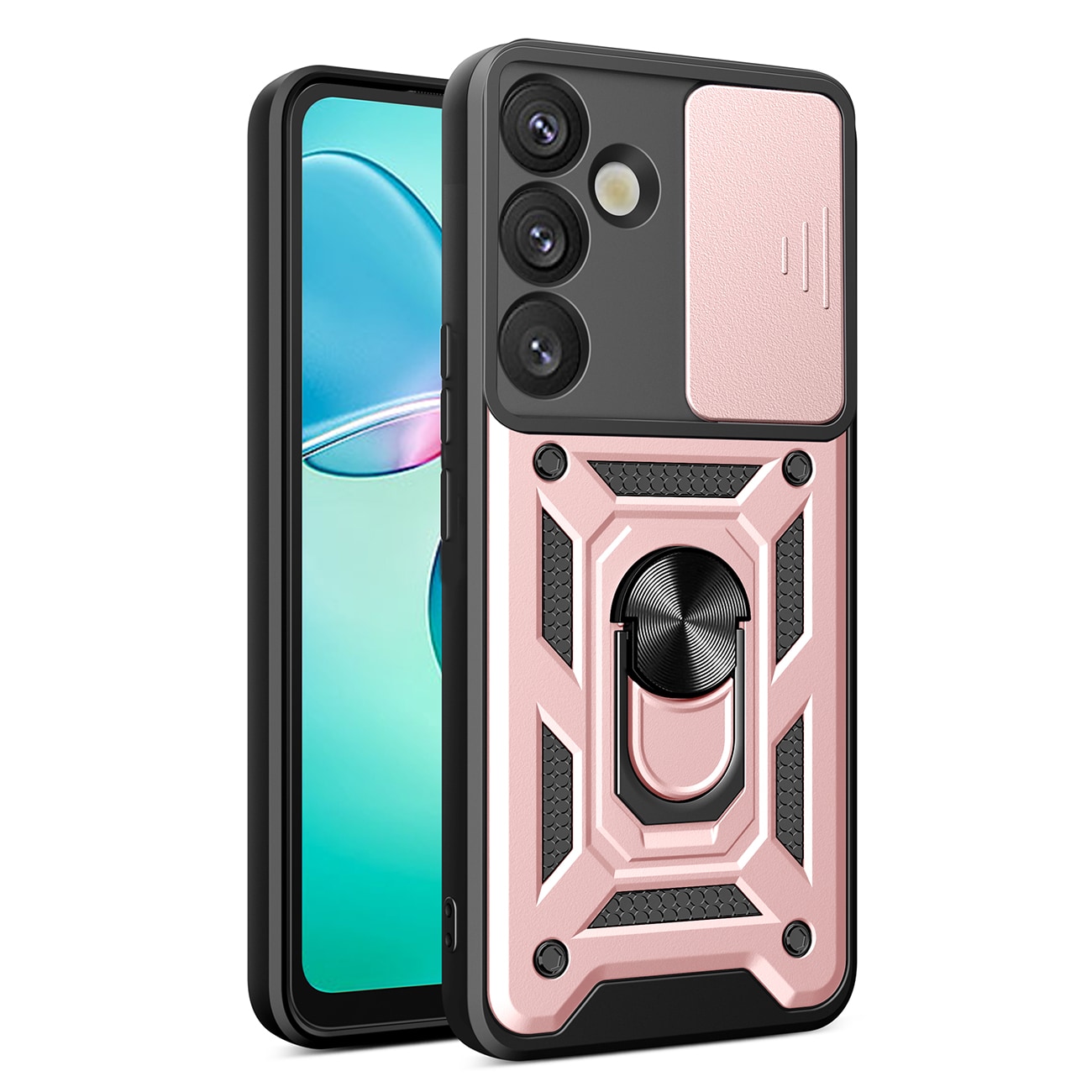 Hybrid Armor Camshield med kameradeksel og metallring til Samsung Galaxy S25+ – rosa