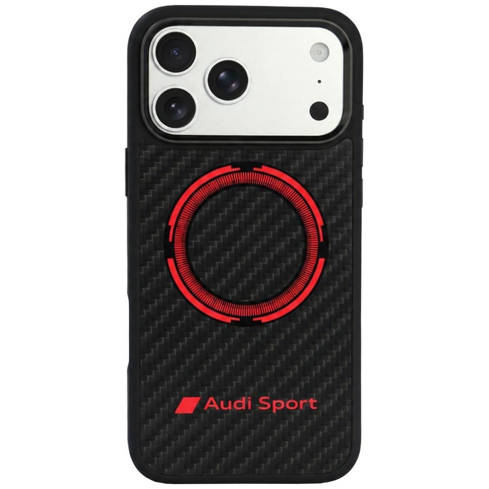 Audi RSQ MagSafe-etui i karbonfiber med rød sirkel til iPhone 18 Pro Max / 17 Pro Max – svart