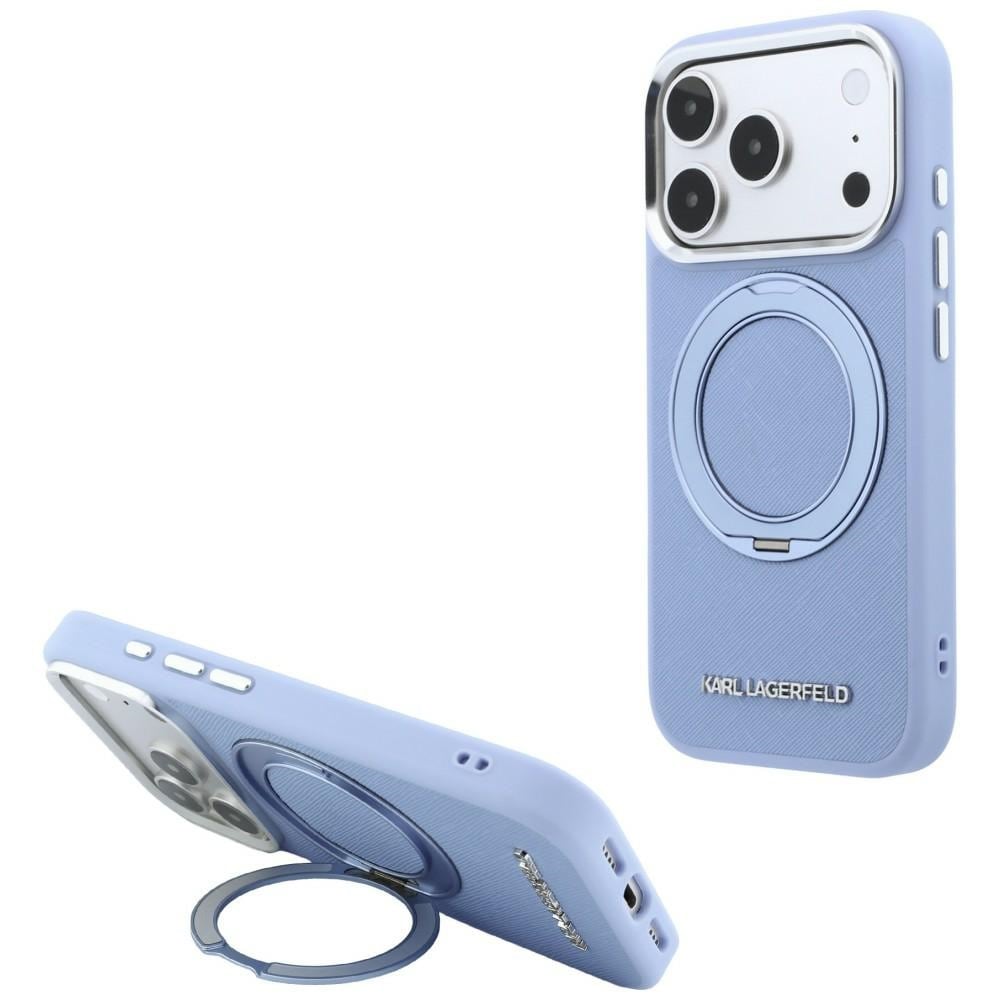 Karl Lagerfeld Ring Stand 360 Saffiano Classic Logo MagSafe-etui til iPhone 18 Pro / 17 Pro – Lysblå