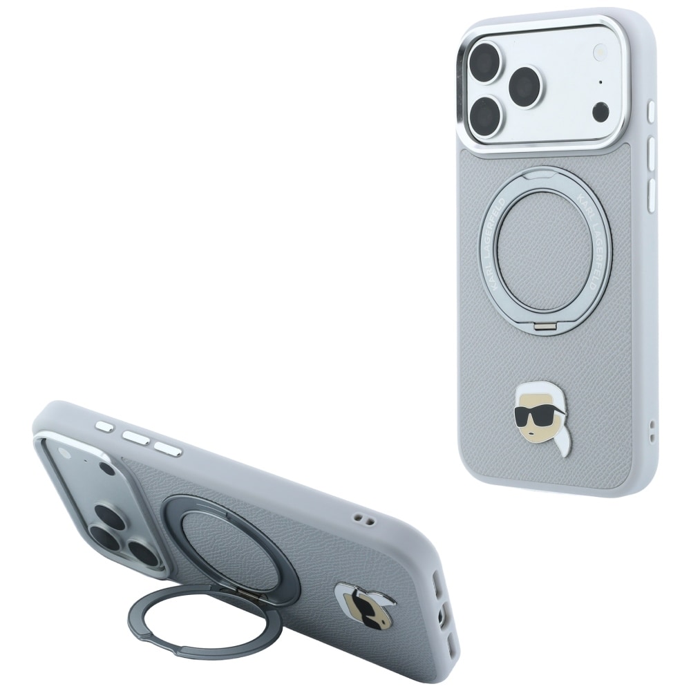 Karl Lagerfeld med Ring Stand 360 Karl Head Pin MagSafe-etui til iPhone 18 Pro / 17 Pro – grå