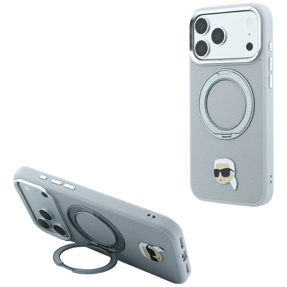 Karl Lagerfeld Ring Stand 360 Karl Head Pin MagSafe-etui til iPhone 18/17 Pro Max – grå