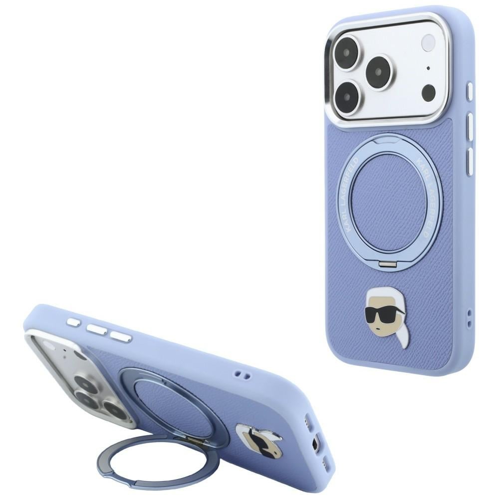 Karl Lagerfeld Ring Stand 360 Karl Head Pin MagSafe-etui til iPhone 18/17 Pro Max – lyseblå