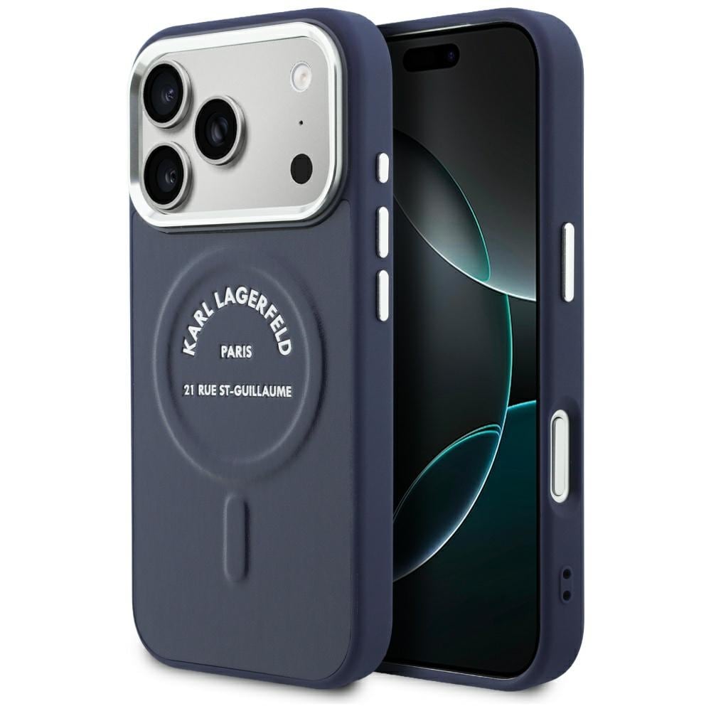 Karl Lagerfeld preget, åpen ring med RSG-logo, MagSafe-etui til iPhone 18 Pro Max / 17 Pro Max – blå