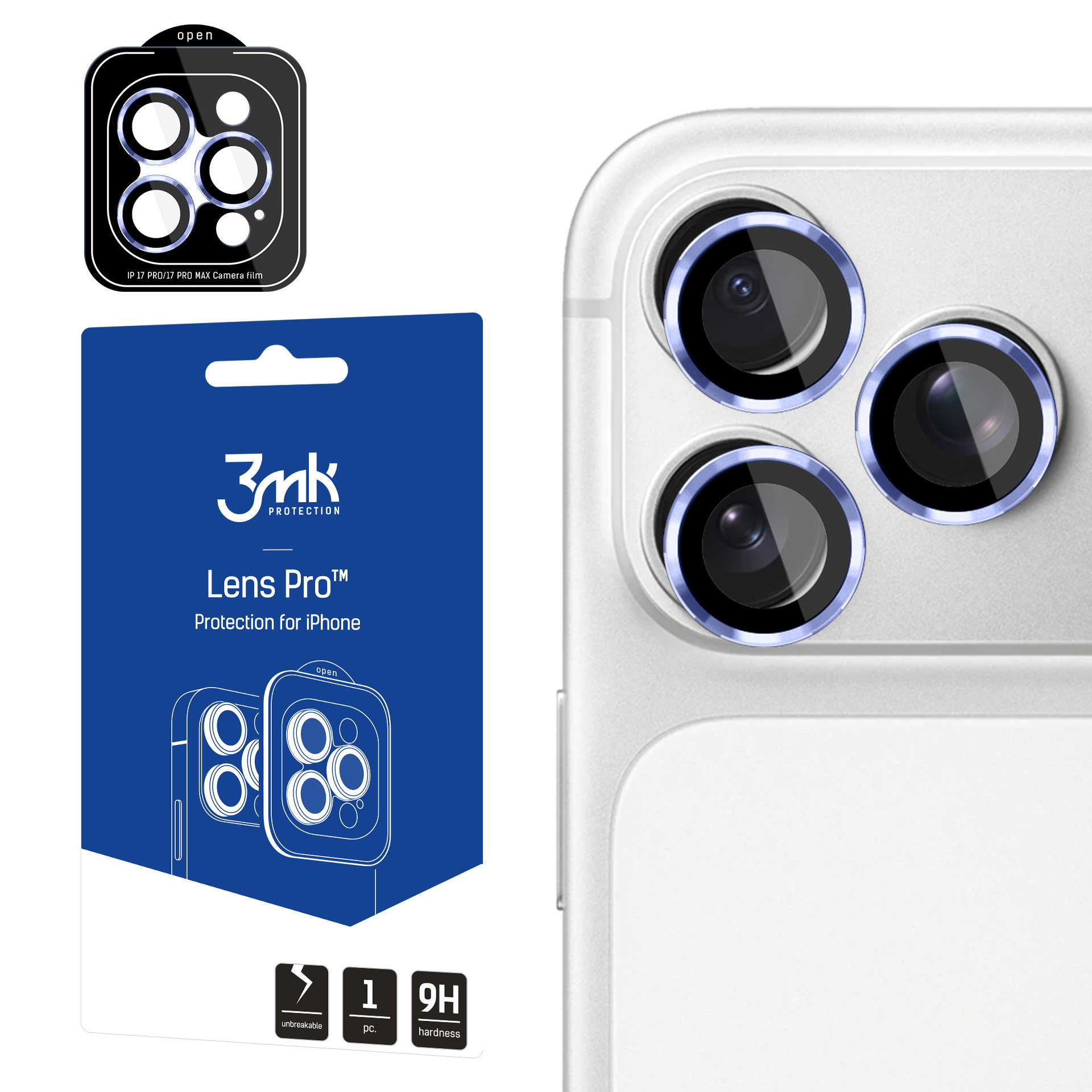 3mk Lens Protection Pro – svart herdet glass til iPhone 18 Pro / 18 Pro Max – lyseblå