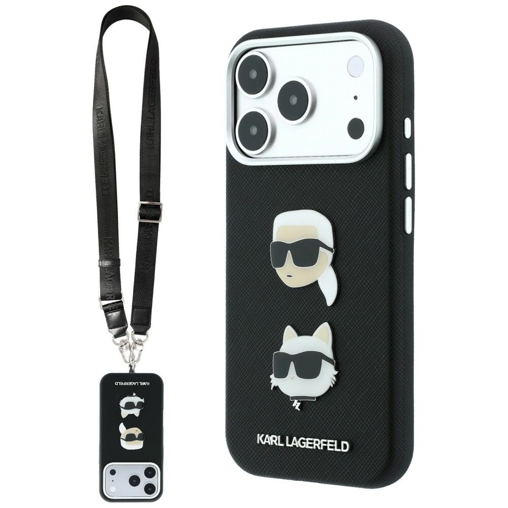 Karl Lagerfeld Saffiano Karl&Choupette m/nåler på stropp og logo etui til iPhone 18/17 Pro – svart