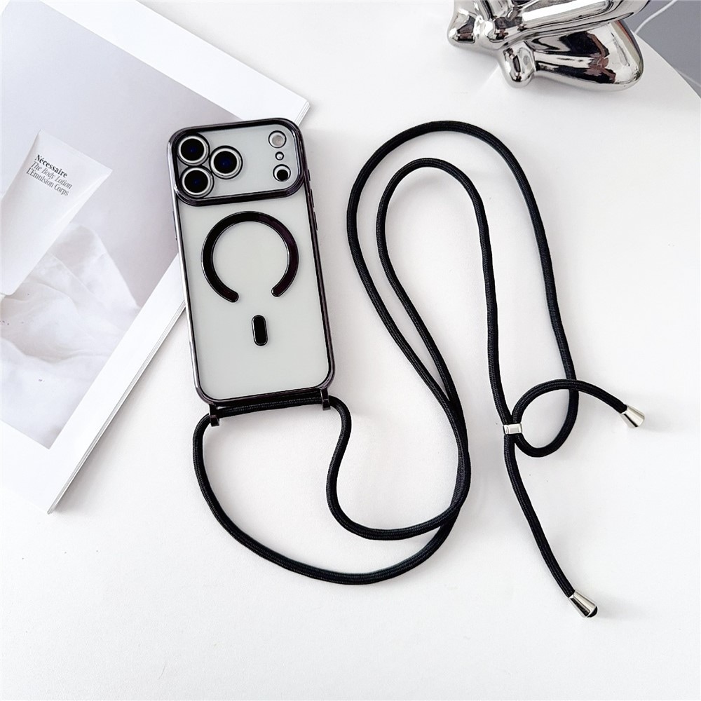 Til iPhone 18 Pro Max / 17 Pro Max: MagSafe-kompatibelt galvanisert TPU-deksel m/lang snor – svart