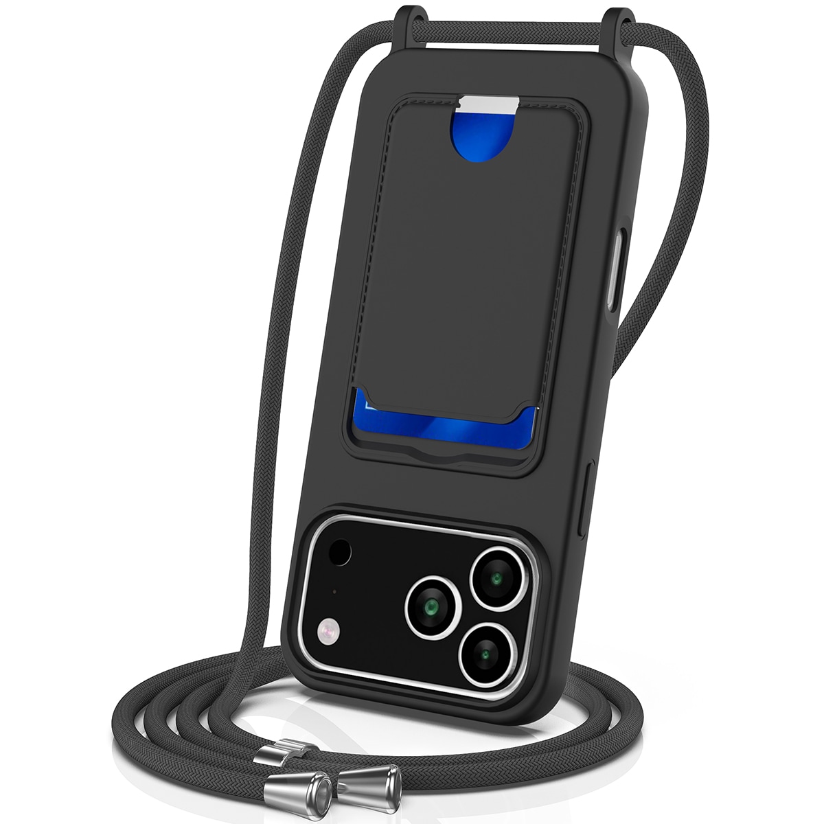 Til iPhone 18 Pro Max / 17 Pro Max: Etui i flytende silikon m/kortholder og snor – svart