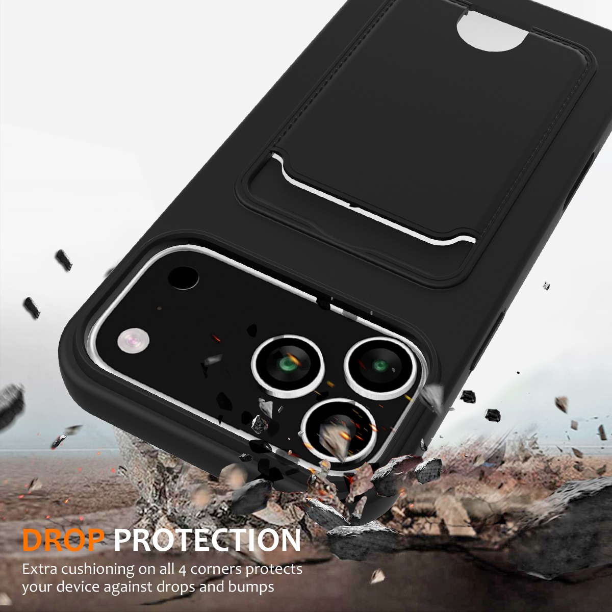 Til iPhone 18 Pro Max / 17 Pro Max: Etui i flytende silikon m/kortholder og snor – svart