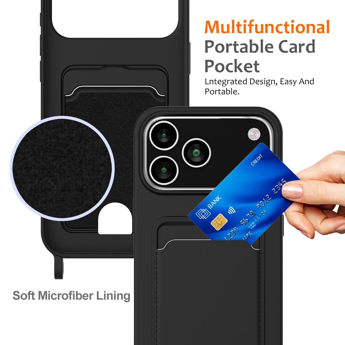 Til iPhone 18 Pro Max / 17 Pro Max: Etui i flytende silikon m/kortholder og snor – svart