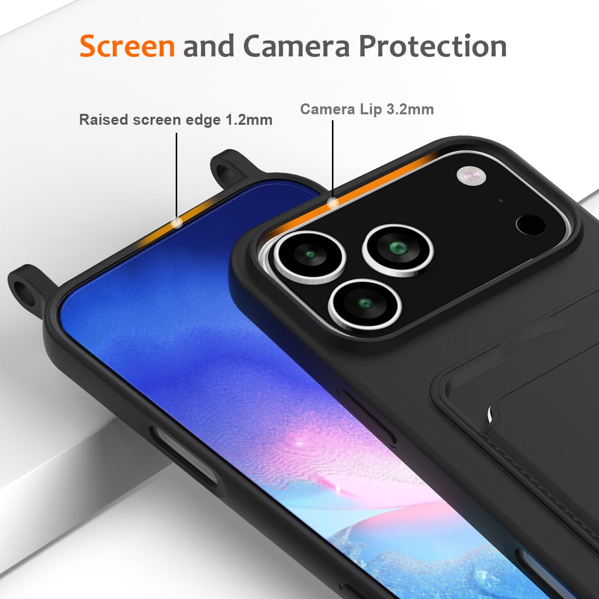 Til iPhone 18 Pro Max / 17 Pro Max: Etui i flytende silikon m/kortholder og snor – svart
