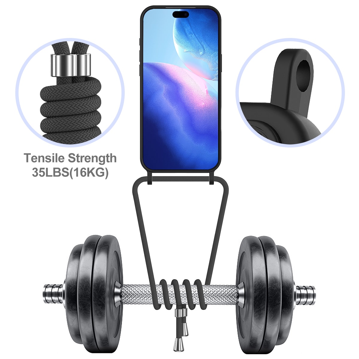 Til iPhone 18 Pro Max / 17 Pro Max: Etui i flytende silikon m/kortholder og snor – svart