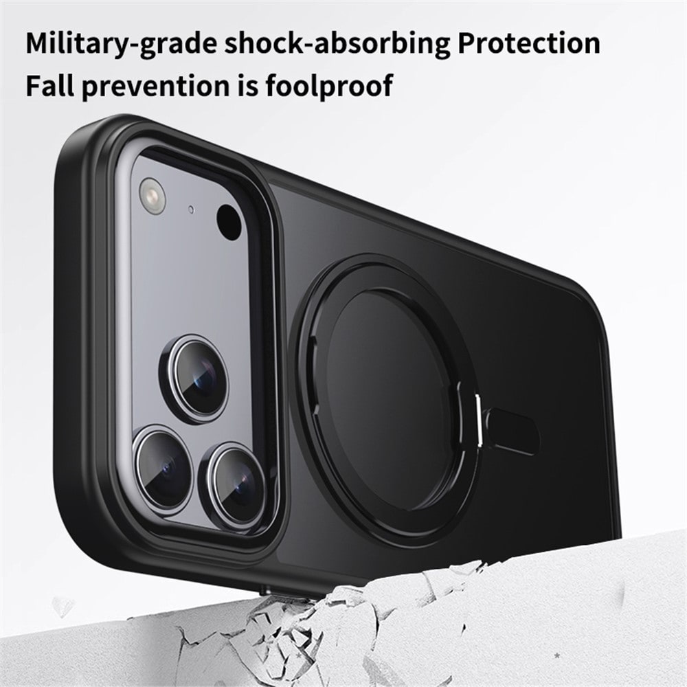 Magnetisk etui med roterende stativ til iPhone 18 Pro / 17 Pro, TPU og akryl, MagSafe – svart