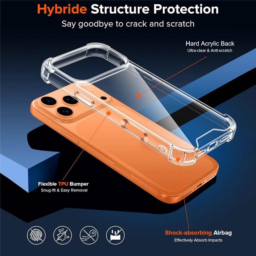 Hybrid-etui i akryl og TPU til iPhone 18 Pro / 17 Pro med kamerabeskyttelse – gjennomsiktig